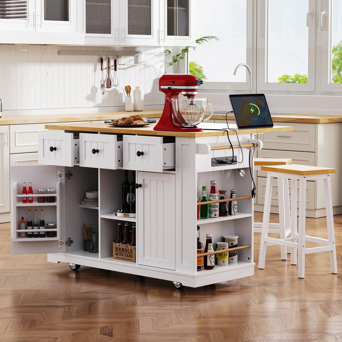 53-Inch Mobile Kitchen Island Set With Storage Drawers - Omega Lifestyles