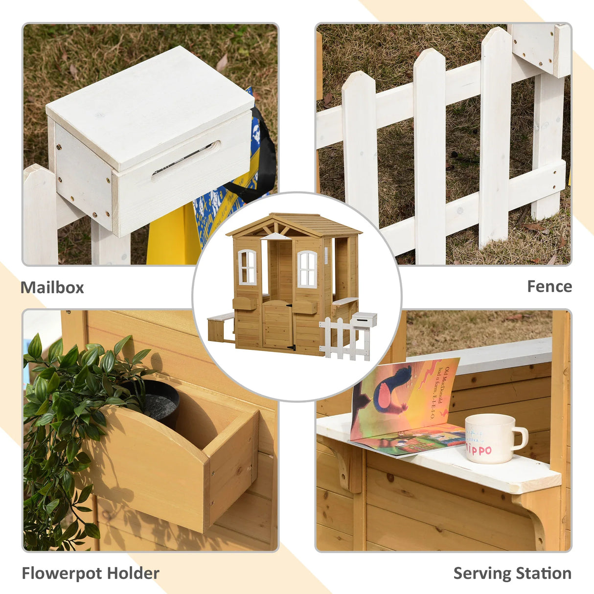 Kids Outdoor Wooden Playhouse With Door Windows Mailbox - Omega Lifestyles