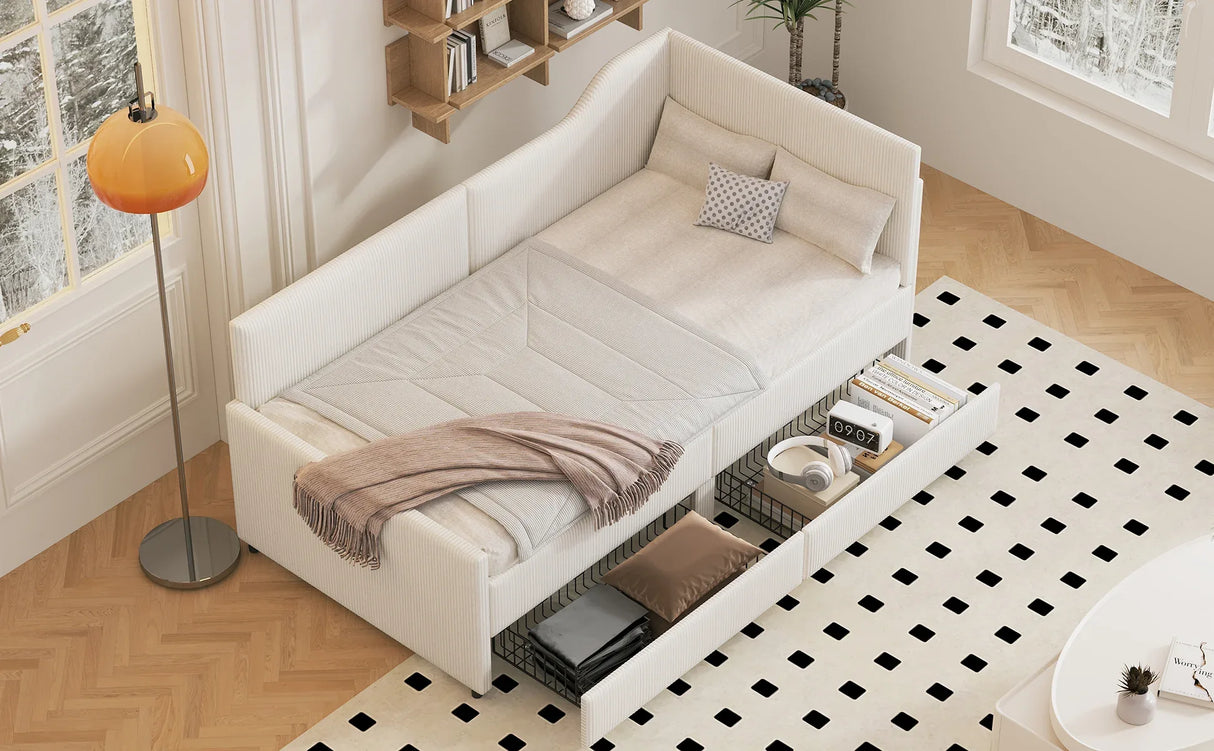 Twin L-Shaped Corduroy Upholstered Daybed With Storage Drawers - Omega Lifestyles
