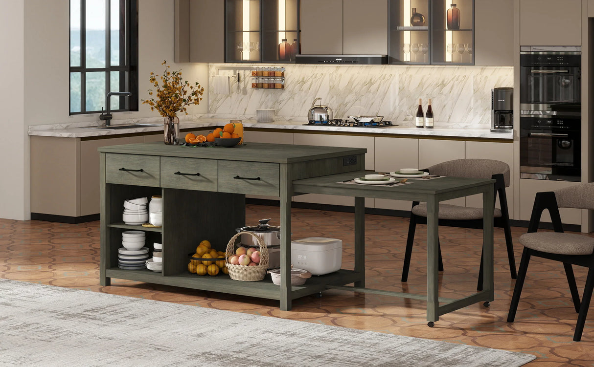 Expandable Retro Kitchen Island With Built-In Power Outlets - Omega Lifestyles