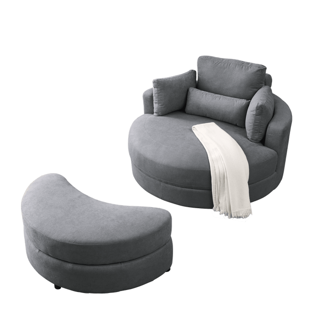Modern Dark Grey Swivel Fabric Lounge Chair with Ottoman - Omega Lifestyles