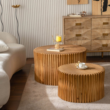 Vintage Style Natural Wood 2-Piece Round Coffee Table Set - Sleep Galleria