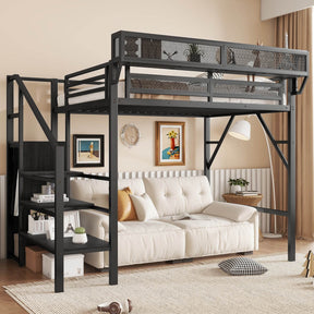 Twin Metal Loft Bed With Stairs Storage Shelves - Omega Lifestyles