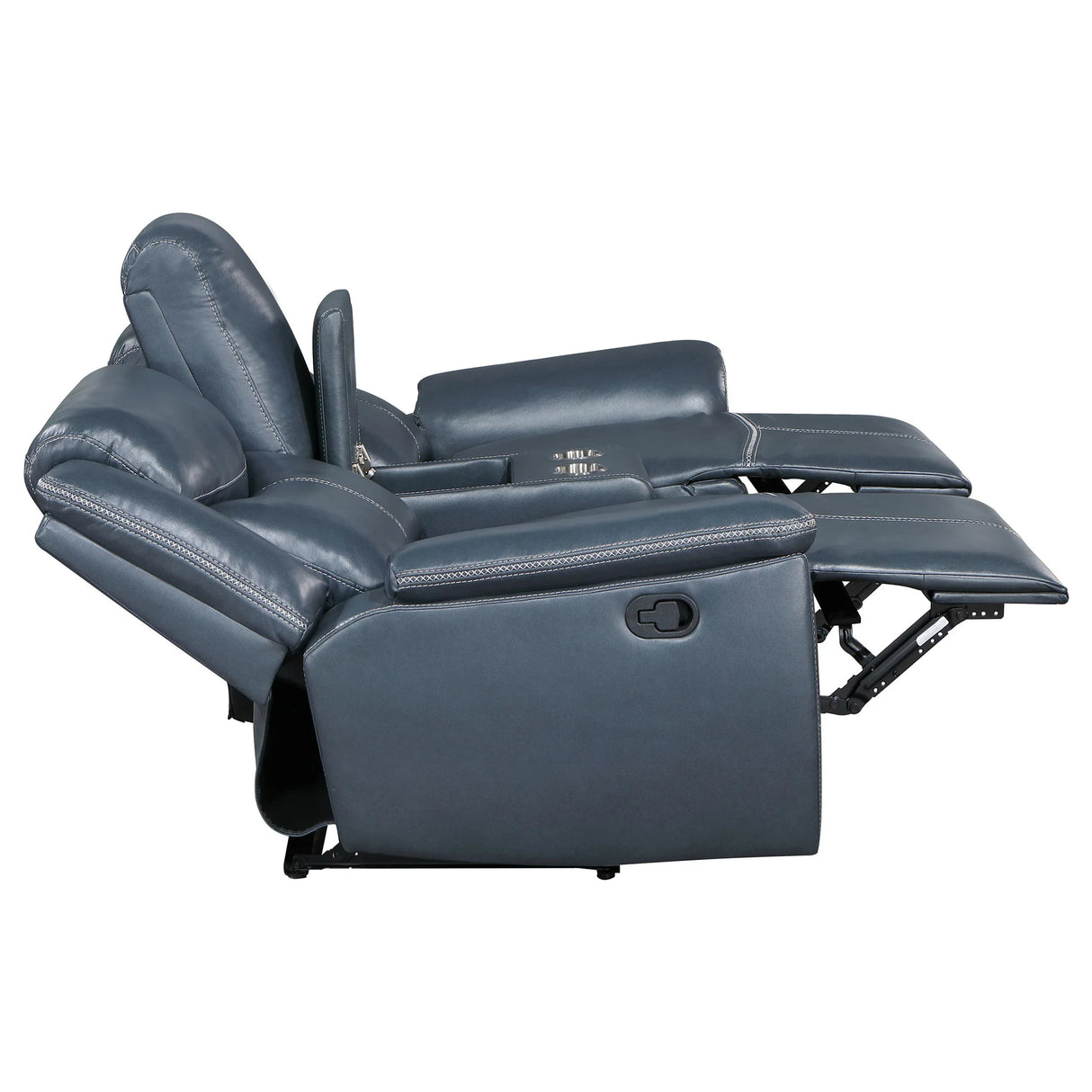 Blue Upholstered Motion Reclining Loveseat With Console - Omega Lifestyles