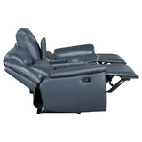 Blue Upholstered Motion Reclining Loveseat With Console - Omega Lifestyles