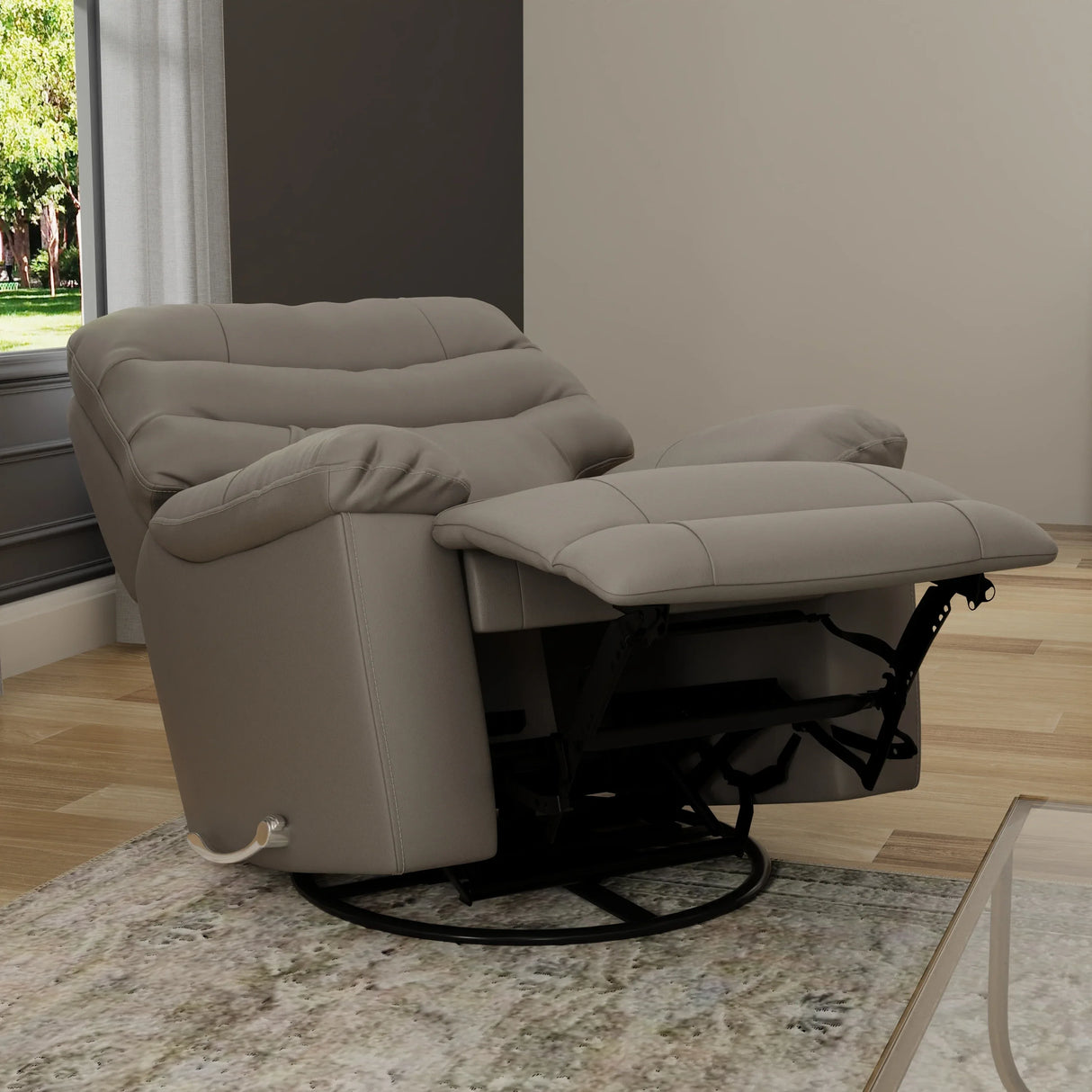 Light Gray Top Grain Leather Swivel Glider Recliner - Omega Lifestyles