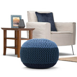 Hand Knit Round Blue Fabric Pouf Accent Stool - Omega Lifestyles