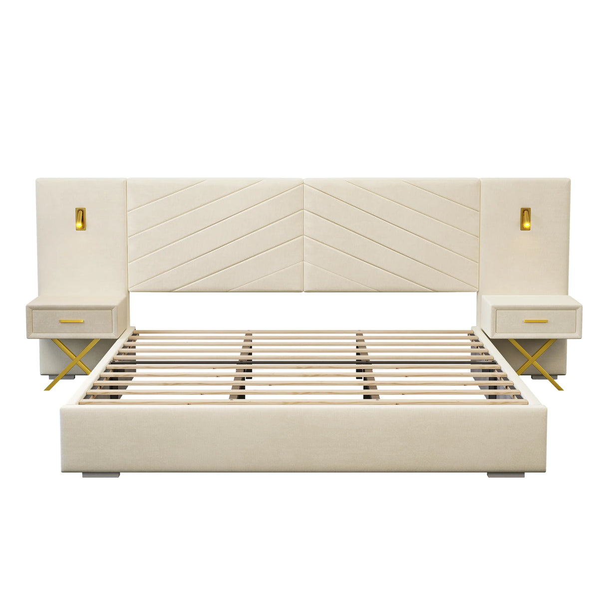 Beige Velvet Wingback Upholstered Wood Bed Frame - Omega Lifestyles