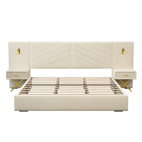 Beige Velvet Wingback Upholstered Wood Bed Frame - Omega Lifestyles