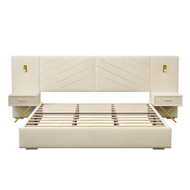 Beige Velvet Wingback Upholstered Wood Bed Frame - Omega Lifestyles