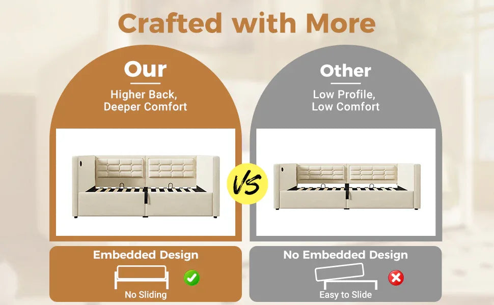 Twin Beige Velvet Upholstered Hydraulic Storage Bed Frame - Omega Lifestyles