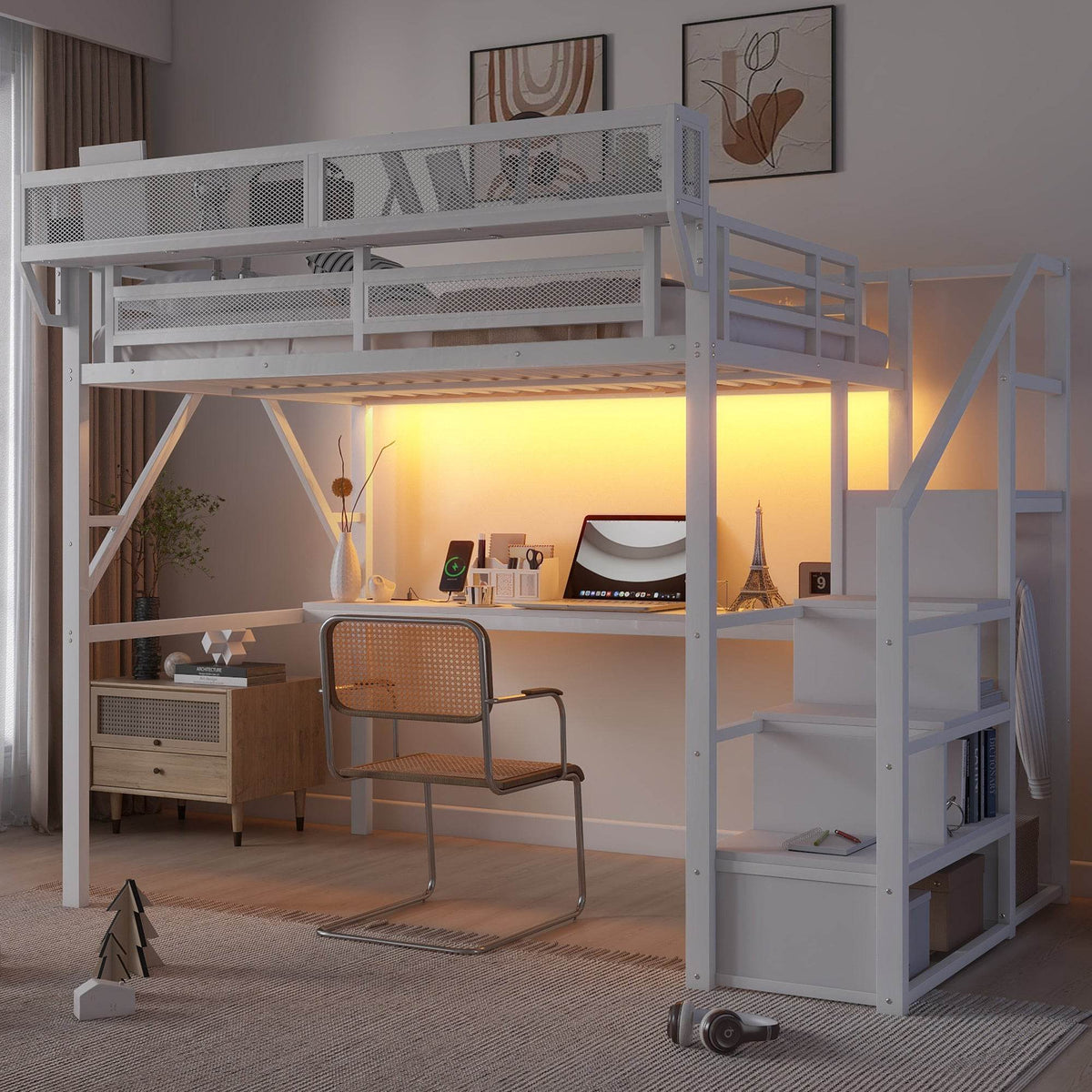 Full Metal Full Size Loft Bed With Desk Charging Station