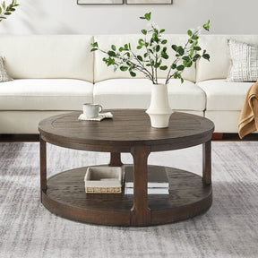 40-Inch Rustic Round Solid Wood Coffee Table With Wheels - Omega Lifestyles