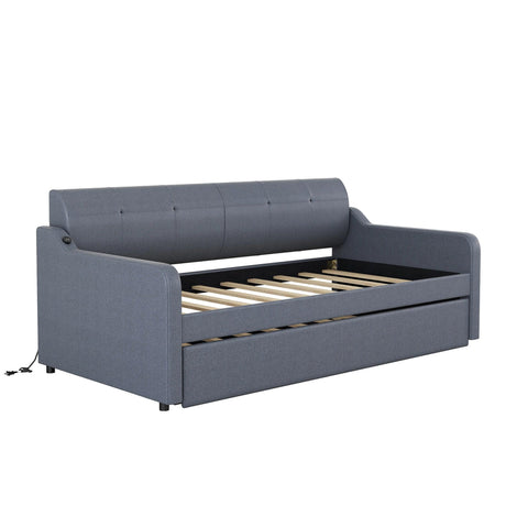 Twin Upholstered Daybed With Trundle And USB Charging - Omega Lifestyles