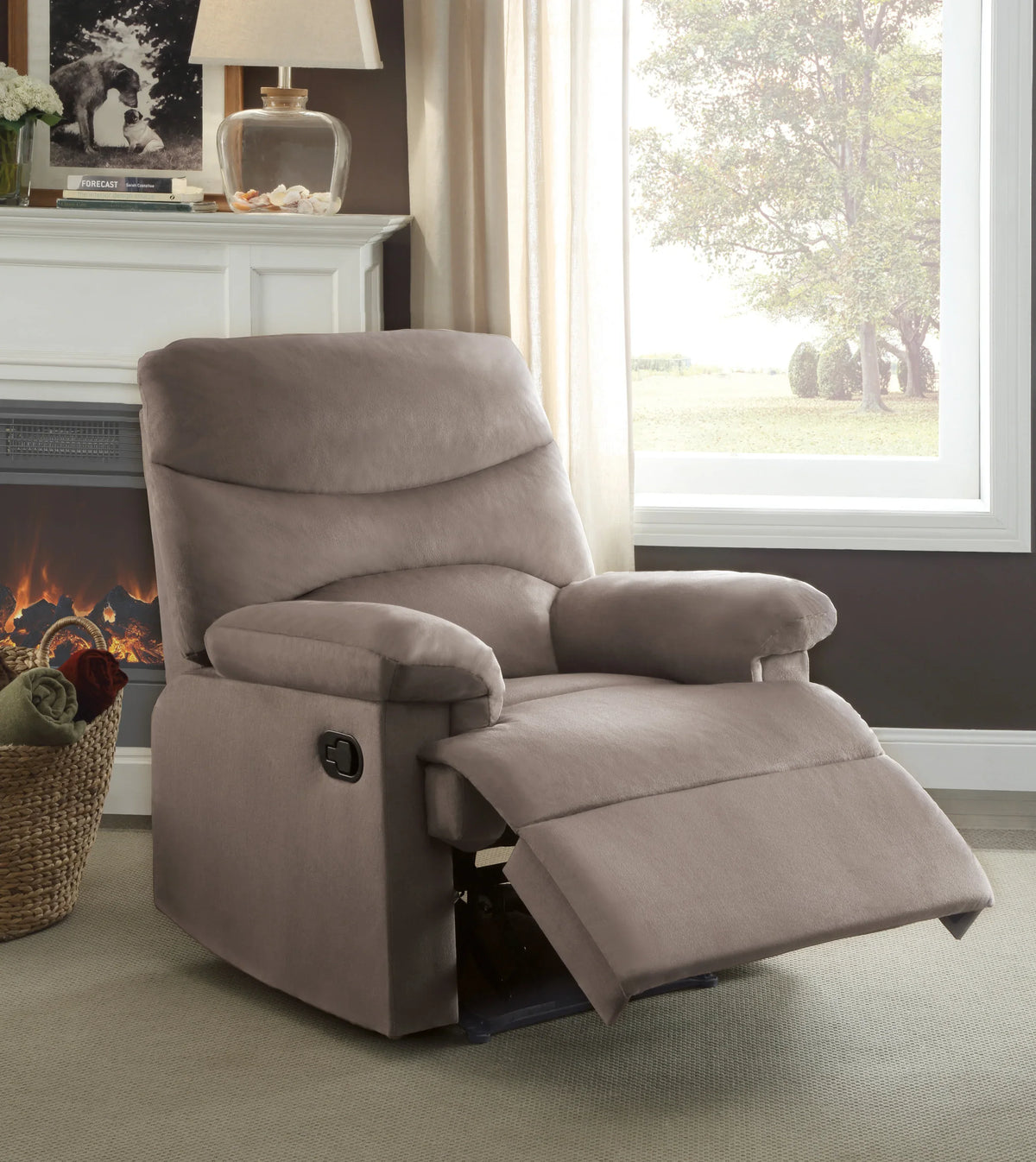 Light Brown Fabric Motion Recliner With Plush Pillow-Top Arms - Omega Lifestyles