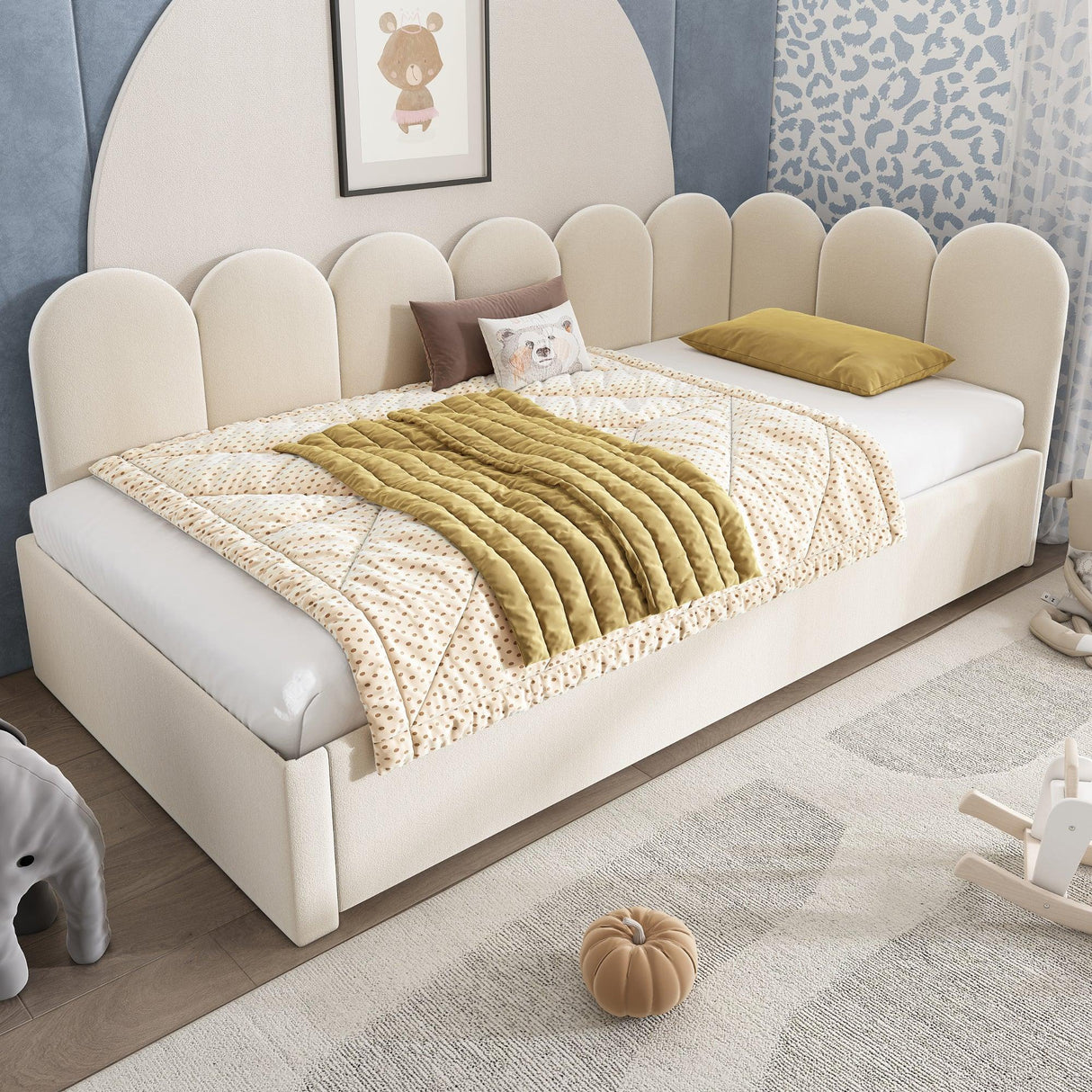 Beige Velvet L-Shaped Twin Daybed With Pull-Out Trundle - Omega Lifestyles