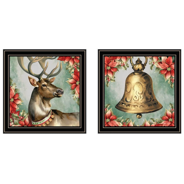 2-Piece Old World Reindeer Bell Black Framed Wall Art - Omega Lifestyles