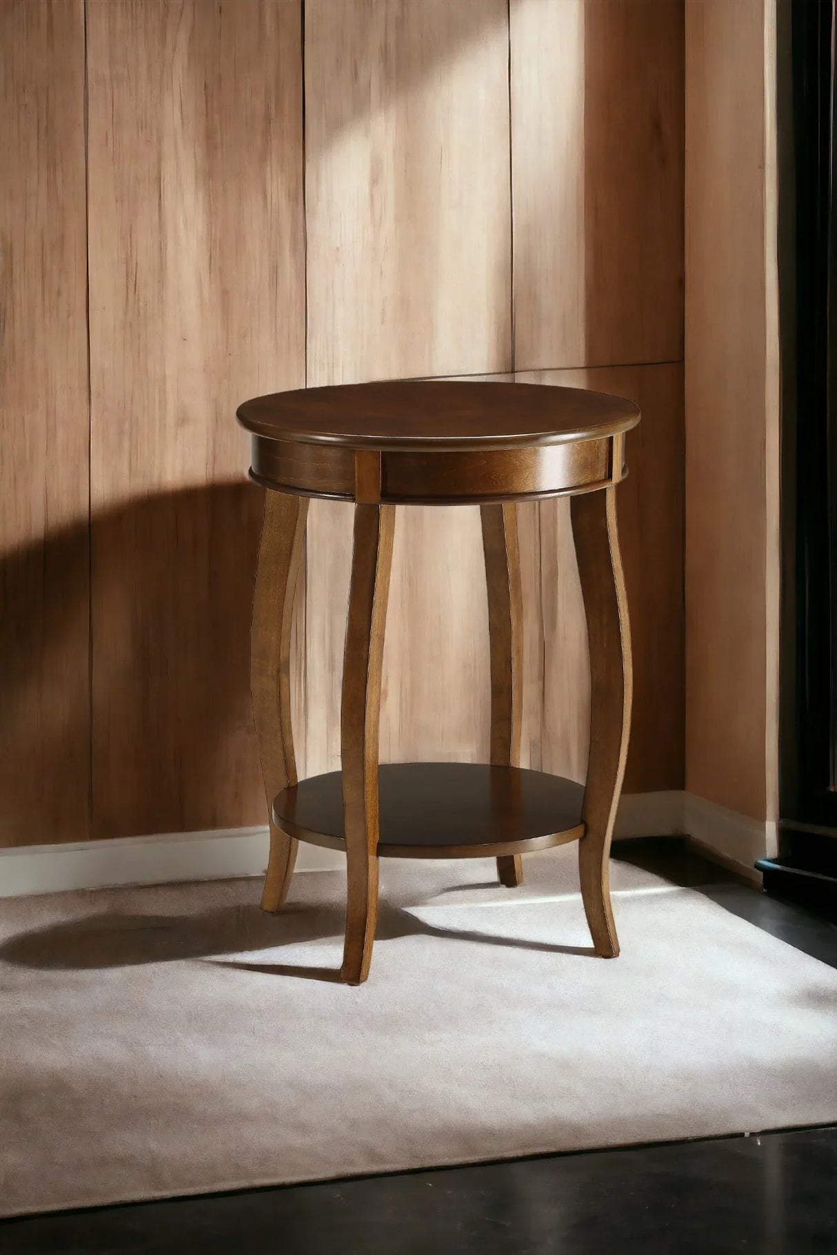 Walnut Finish Round Leg Accent Table With Shelf - Omega Lifestyles