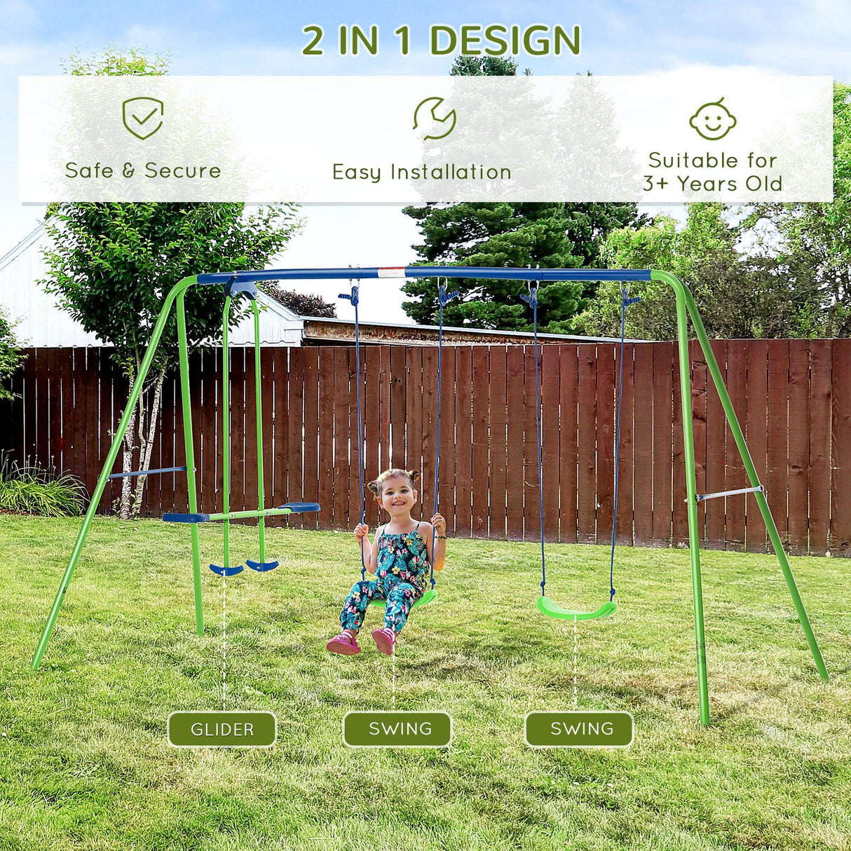 Metal Kids Swing Set With Glider And Adjustable Height - Omega Lifestyles