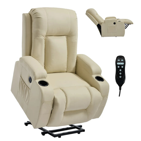 Beige PU Leather Power Lift Massage Recliner Chair - Omega Lifestyles