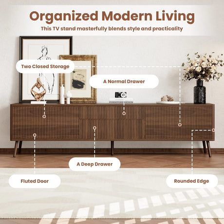 70-Inch Walnut Fluted Modern TV Stand With Storage - Omega Lifestyles