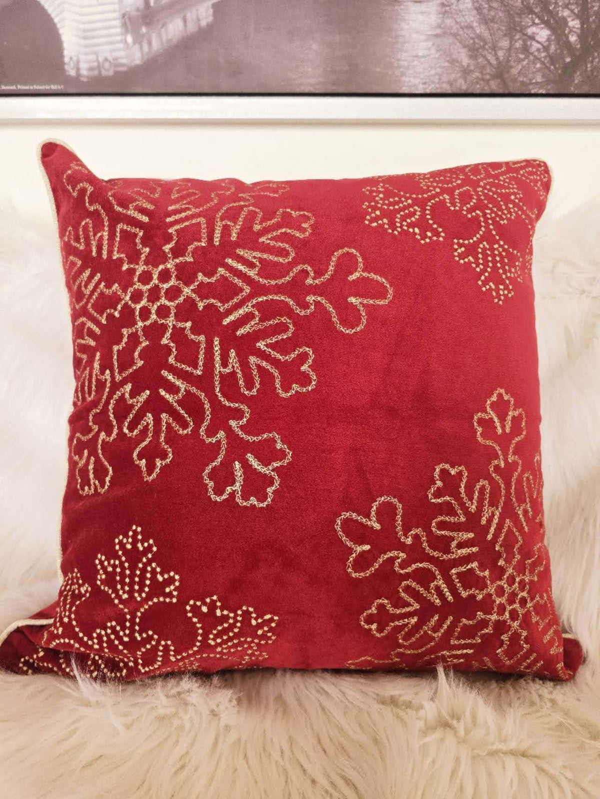 Red Velvet Holiday Throw Pillow With Gold Snowflake Embroidery