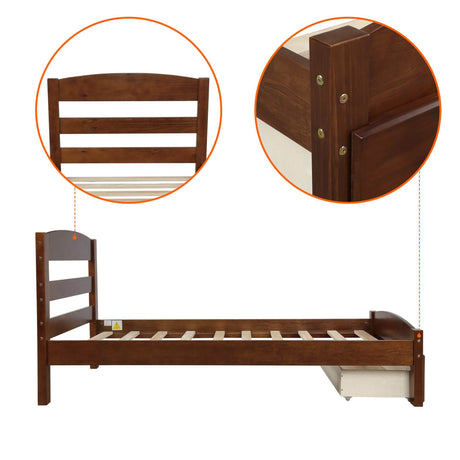 Twin Walnut Solid Wood Platform Bed Frame With Storage Drawer - Omega Lifestyles