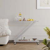 Modern Z-Shaped Silver Glass And Metal Bar Cart - Omega Lifestyles
