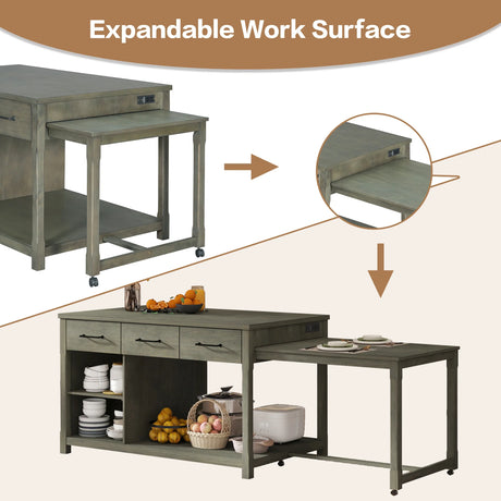 Expandable Retro Kitchen Island With Built-In Power Outlets - Omega Lifestyles