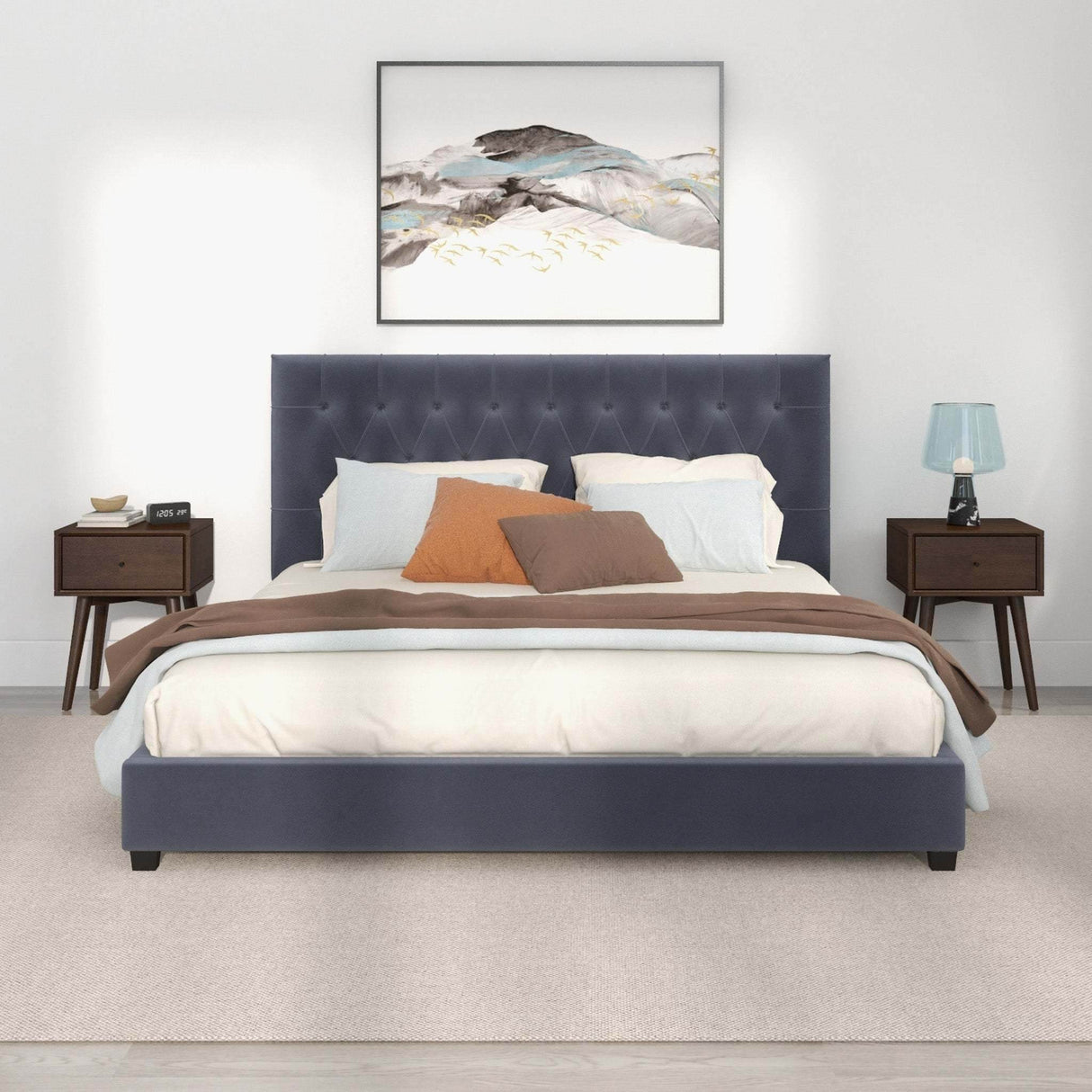 Grey Velvet Upholstered Queen Platform Bed Frame