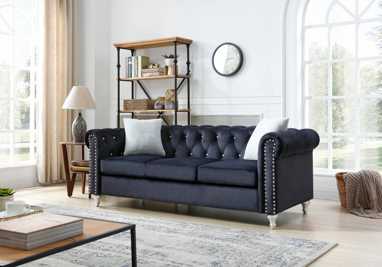 Velvet Upholstered Three-Seat Tufted Sofa With Nailhead Trim - Omega Lifestyles
