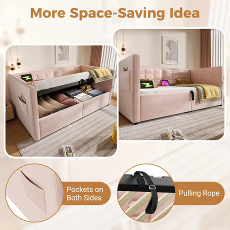 Twin Pink Velvet Upholstered Hydraulic Storage Bed Frame - Omega Lifestyles
