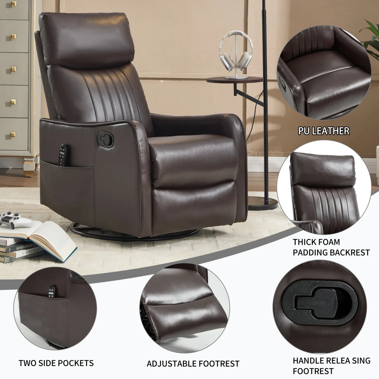 Brown Faux Leather Manual Heat Massage Recliner Chair - Omega Lifestyles