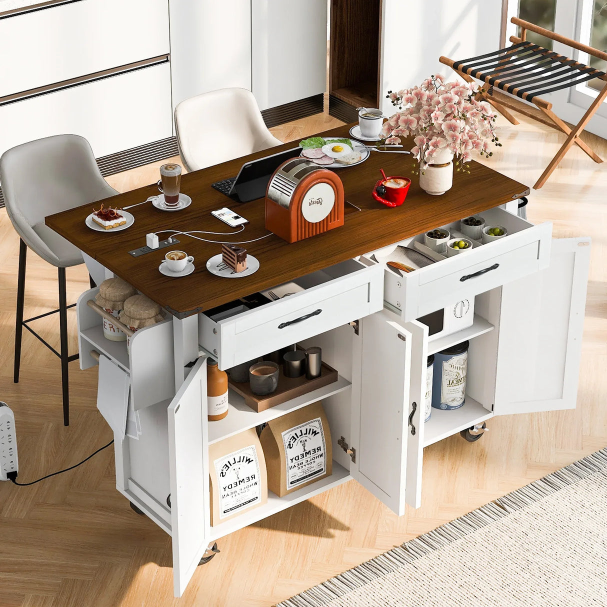 Farmhouse Style Rolling Kitchen Island With Power Outlet - Omega Lifestyles