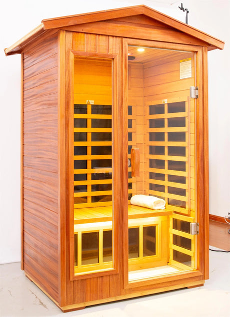 Two Person Far Infrared Khaya Wood Outdoor Sauna Room - Omega Lifestyles