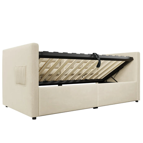 Twin Beige Velvet Upholstered Hydraulic Storage Bed Frame - Omega Lifestyles