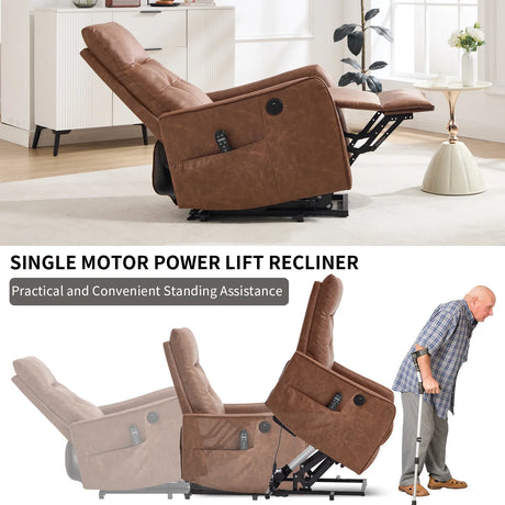 Brown Faux Leather Power Lift Recliner Chair With Massage Heat - Omega Lifestyles
