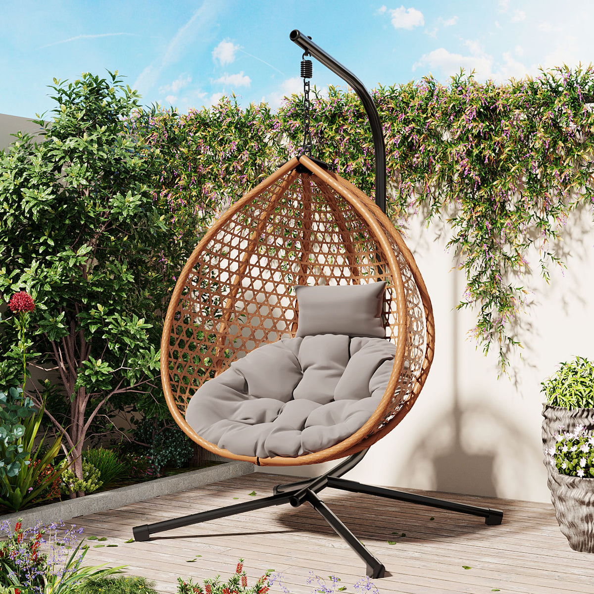 HDPE Rattan Hanging Egg Chair With Removable Cushion