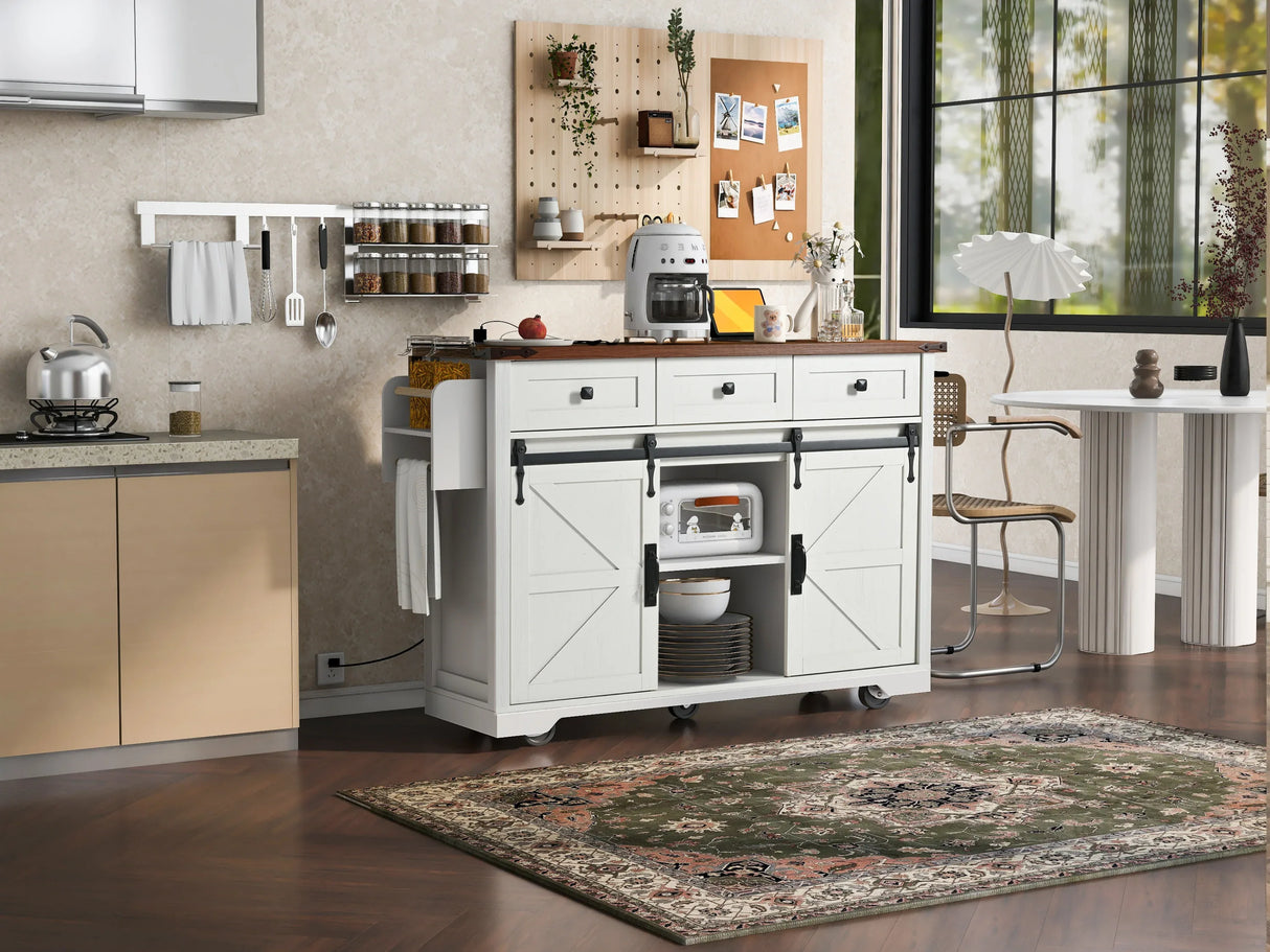 Farmhouse Kitchen Island Rolling Cart With Power Outlet - Omega Lifestyles