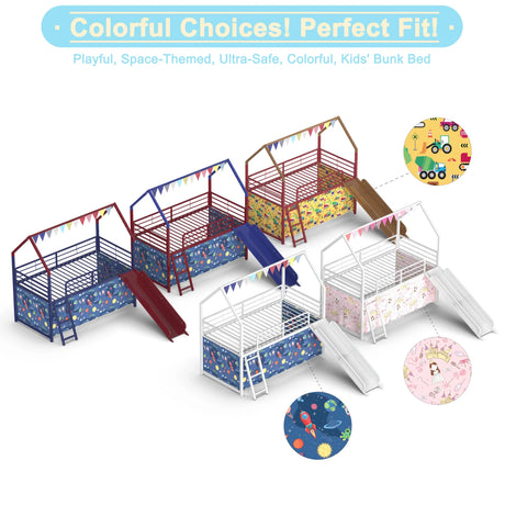 Twin Metal Junior House Loft Bed With Slide And Curtain - Omega Lifestyles