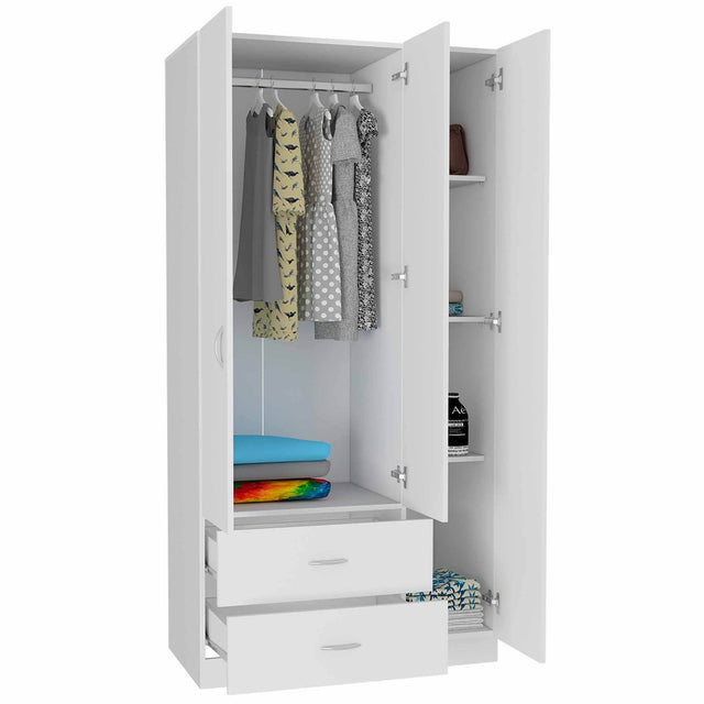 Modern White Particle Board Bedroom Armoire With Shelves Drawers Hanging - Omega Lifestyles