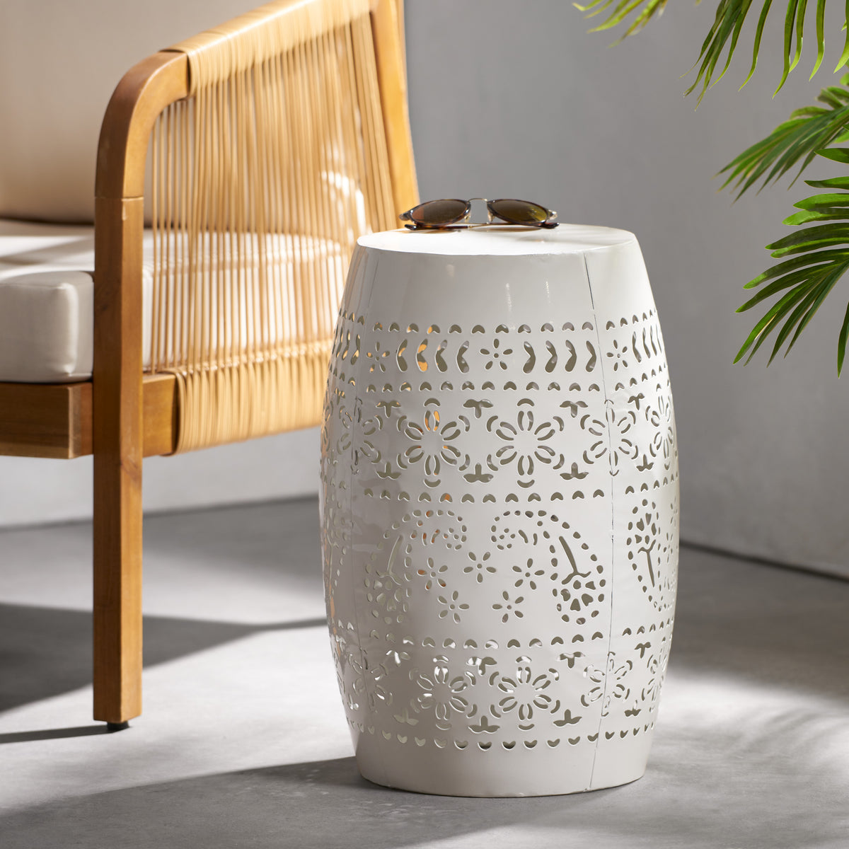 Barrel-Shaped Lace-Cut Metal Outdoor Indoor Side Table