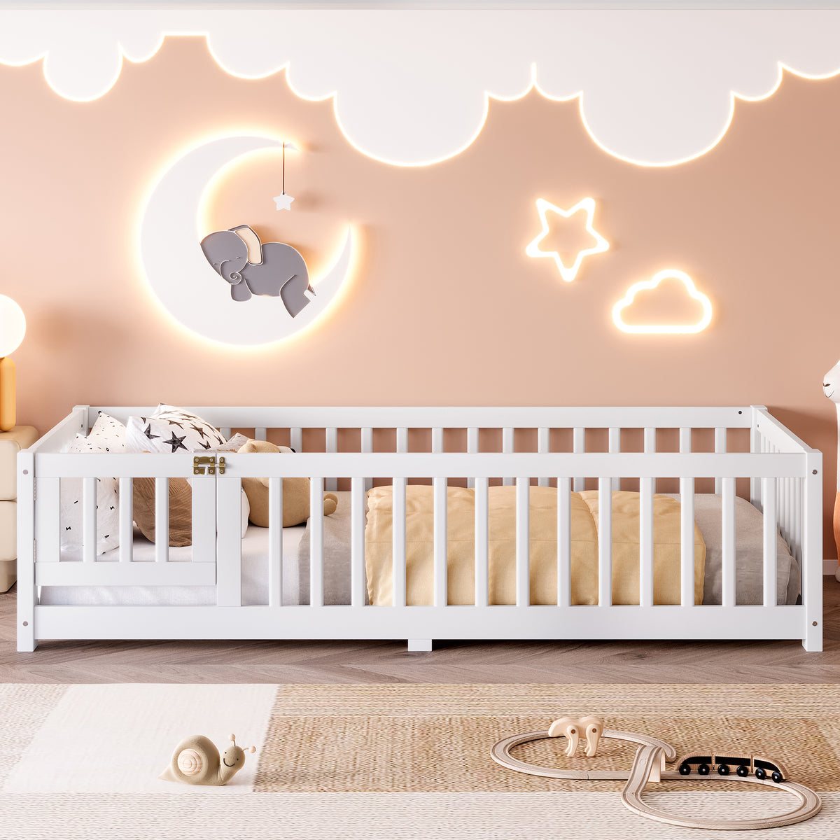 Twin Pine Wood Floor Bed With Safety Rails and Door