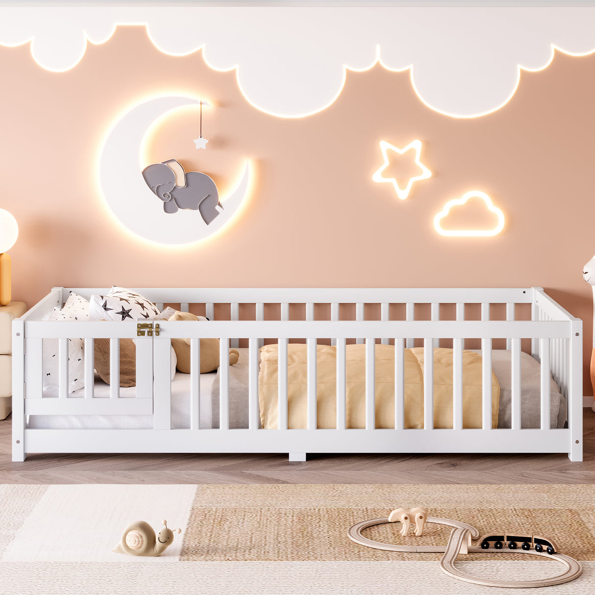 Twin Pine Wood Floor Bed With Safety Rails and Door