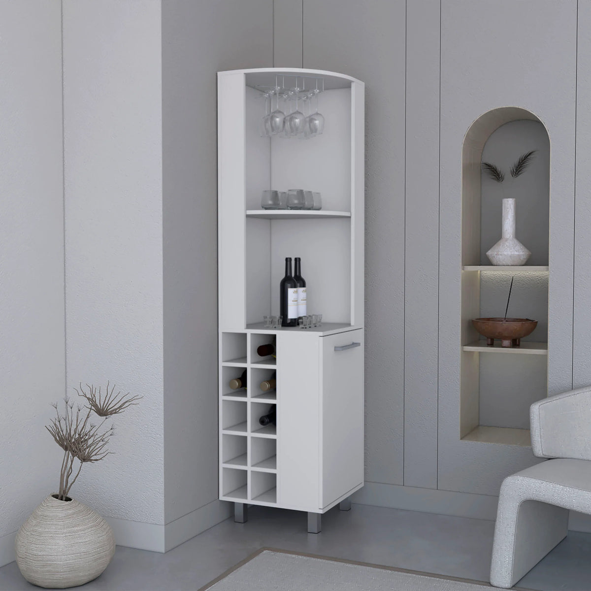 Modern White MDF Corner Bar Cabinet With Wine Rack - Omega Lifestyles