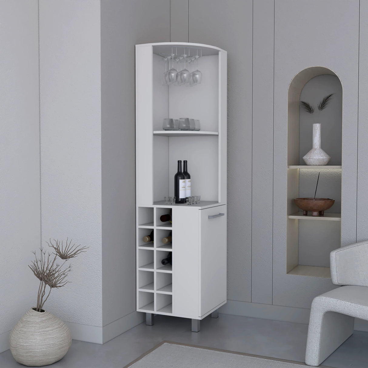 Modern White MDF Corner Bar Cabinet With Wine Rack - Omega Lifestyles