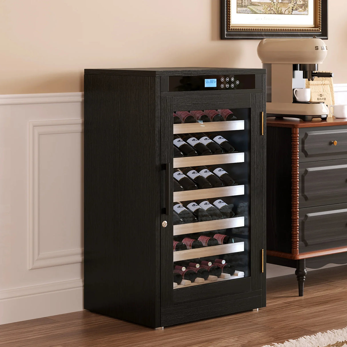 Black Wood Tempered Glass Wine Cooler With Touch Display - Omega Lifestyles