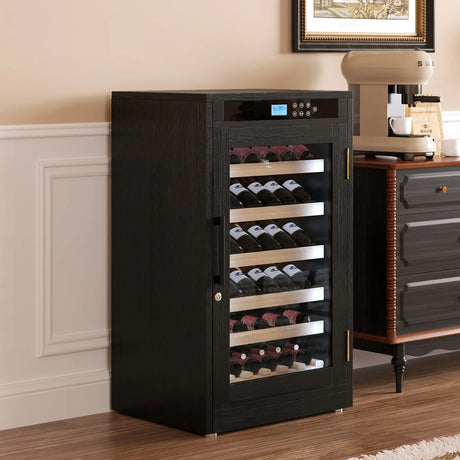 Black Wood Tempered Glass Wine Cooler With Touch Display - Omega Lifestyles