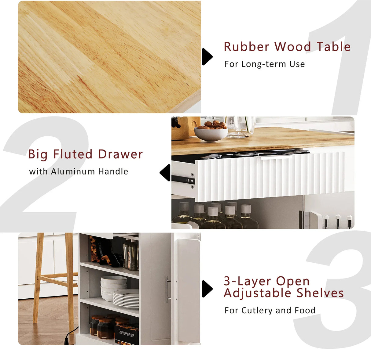 Fluted Rubber Wood Kitchen Island With Tilt-Out Trash Can - Omega Lifestyles