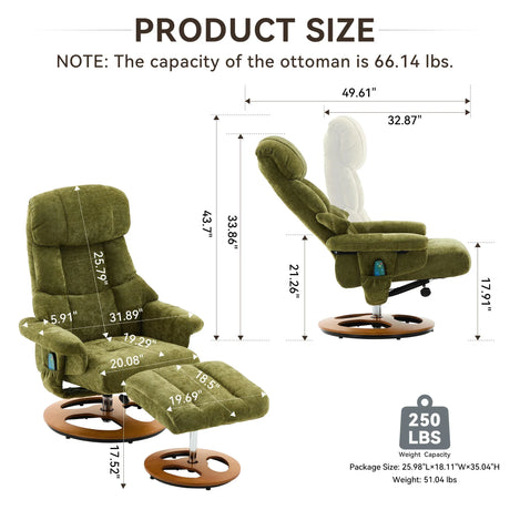 Soft Chenille Recliner Chair With Ottoman And Massage - Omega Lifestyles